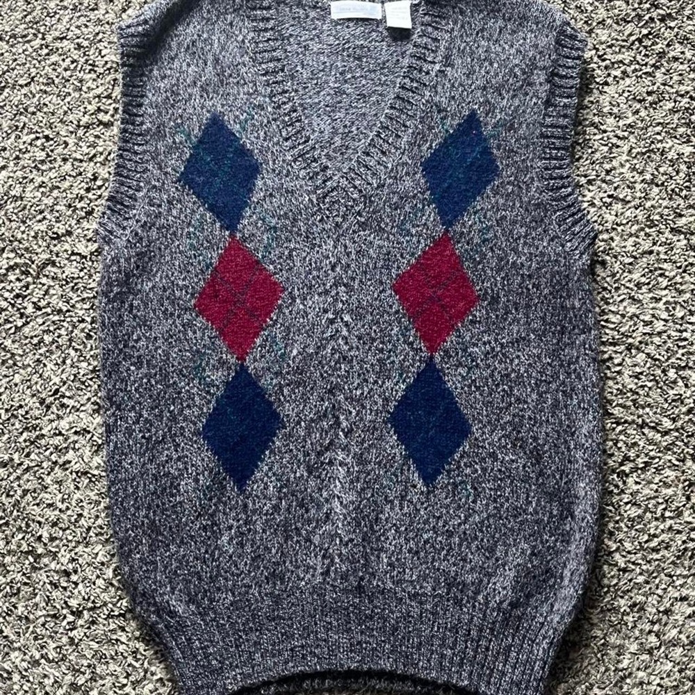 Brian MacNeil Mens Argyle Sweater Vest Grey Blue Red 100% Shetland Wool Large